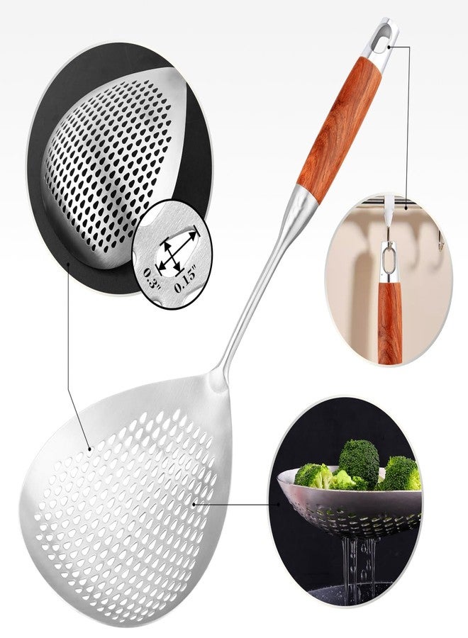 Pekos Slotted Turner Spatula with Wooden Handle | Steel Deep Fry Oil Strainer Scoop Colande Spoon & Kitchen Cooking Utensil for Frying, Poori, Chips (1 Psc) - Image 4